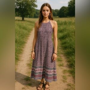 Vintage Geeta Womens Dress Free Size OS India Floral Boho Halter Midi Sundress